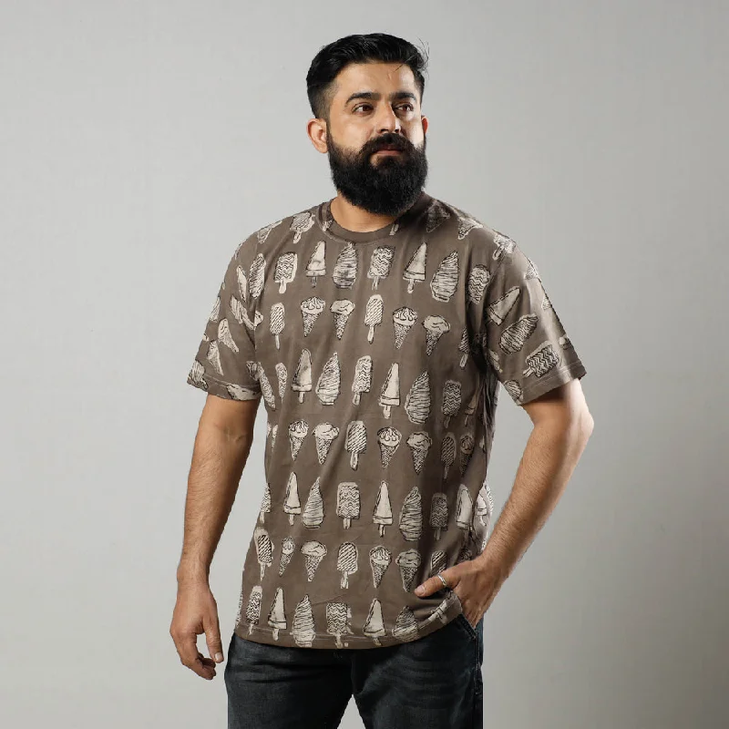 Brown - Bindaas Block Art Printed Cotton Round Neck T-shirt