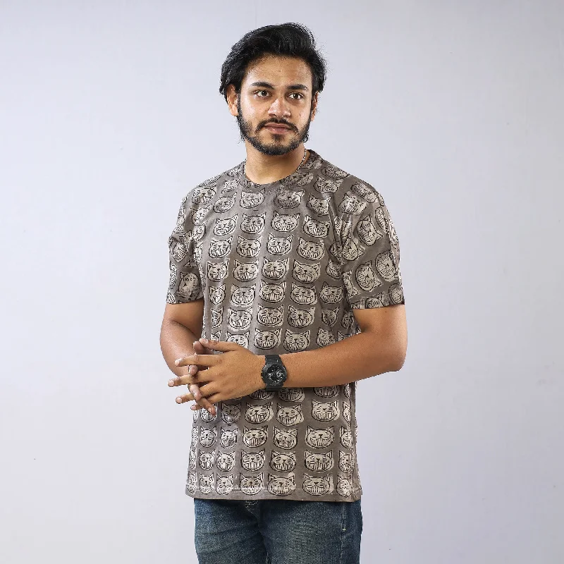 Grey - Bindaas Block Art Printed Cotton Round Neck T-shirt