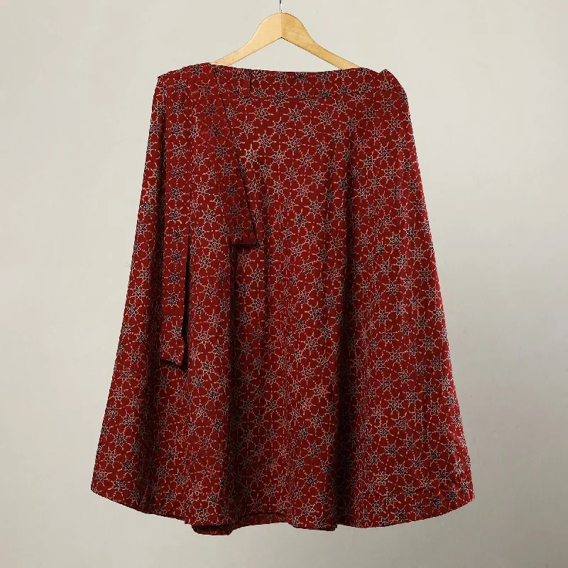 Red - Ajrakh Block Printed Cotton Wrap Around Skirt 13