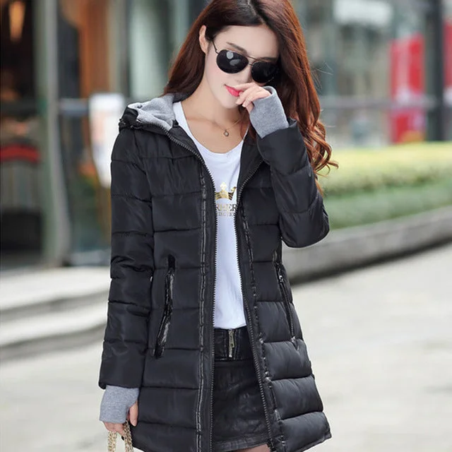 2018 women winter hooded warm coat slim plus size candy color cotton padded basic jacket female medium-long  jaqueta feminina