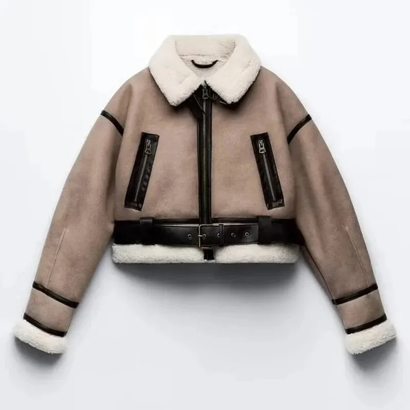 2024 Winter Women Y2K Lambwool Faux Fur Coat Patchwork Short Jacket Woman Bomber Jacket Long Sleeve Zip Up Fleece Cropped Jacket