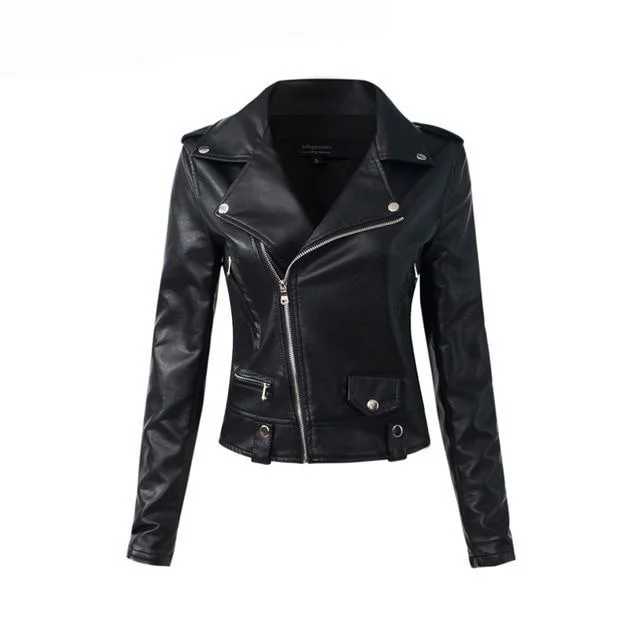 Aelegantmis Casual PU Leather Jacket Women Classic Zipper Short Motorcycle Jackets Lady Autumn Winter Basic Leather Coat Black