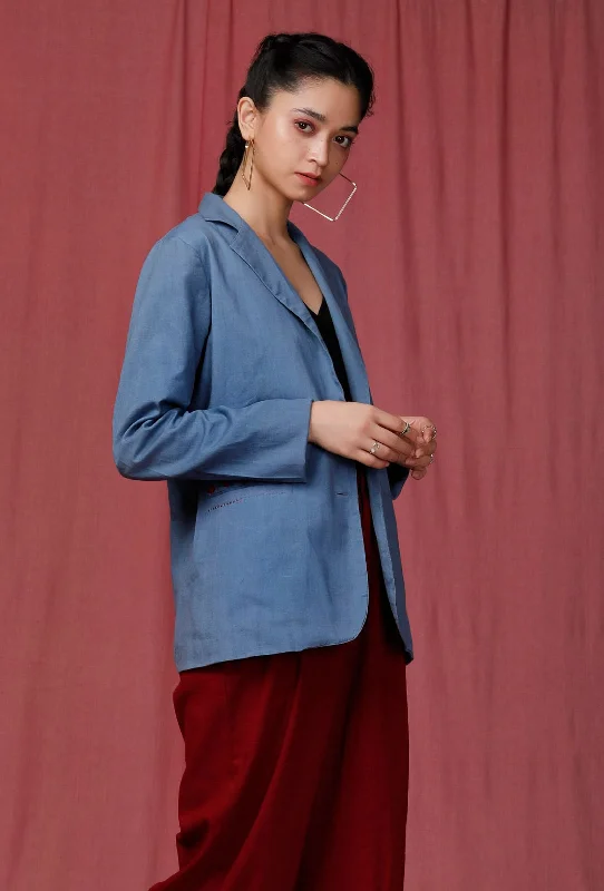 Blue Notched Linen Overcoat