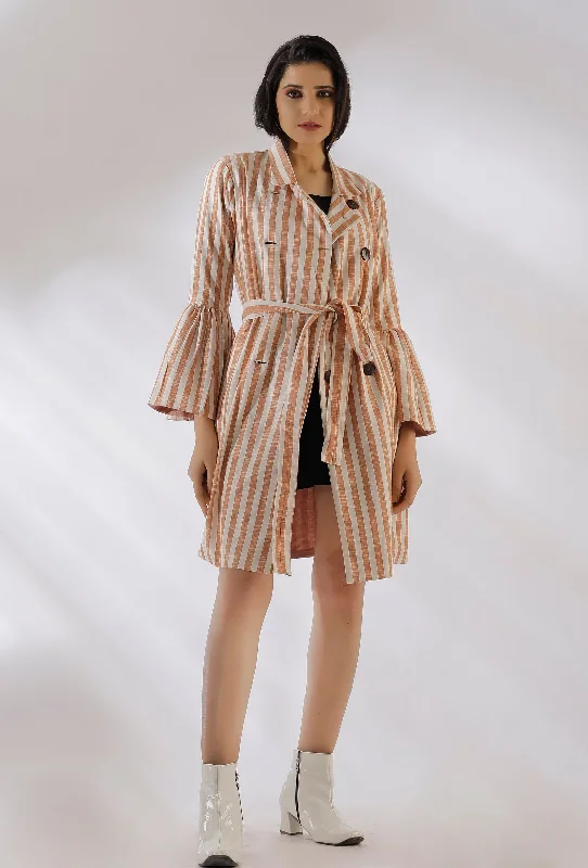 Brillie Brown Stripe Pure Woven Cotton Trench Coat