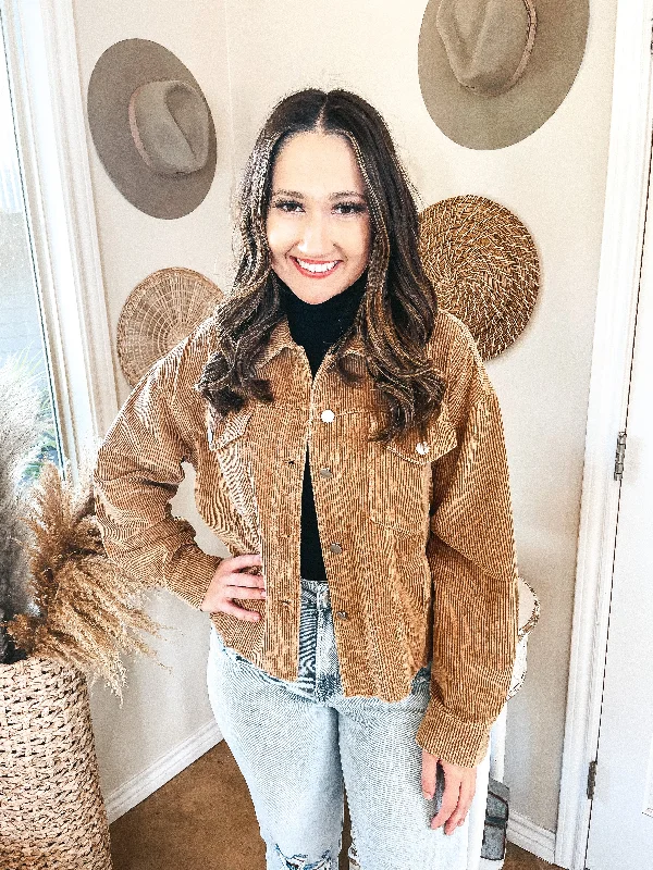 Edgy and Chic Button Up Corduroy Jacket with Raw Hem in Camel Brown