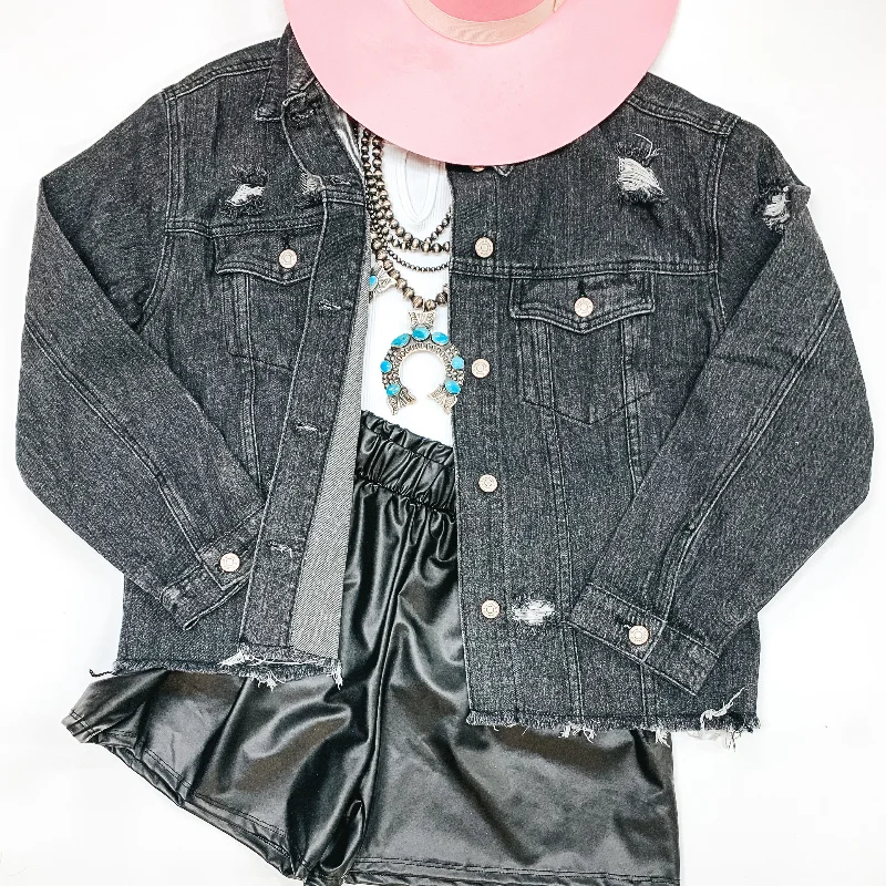 Chic Needs Button Up Cropped Denim Jacket in Black