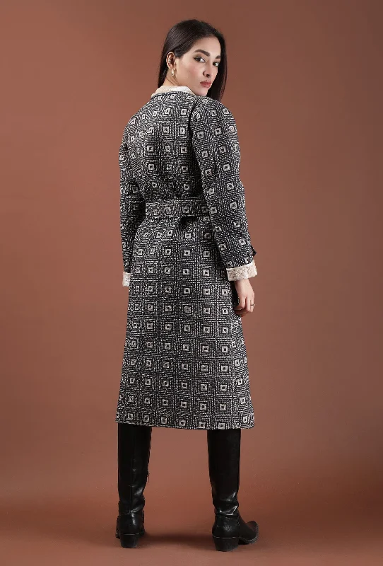 Cedar Ecru Ikat & Black Ajrakh Printed Reversible Quilted Wrap Coat