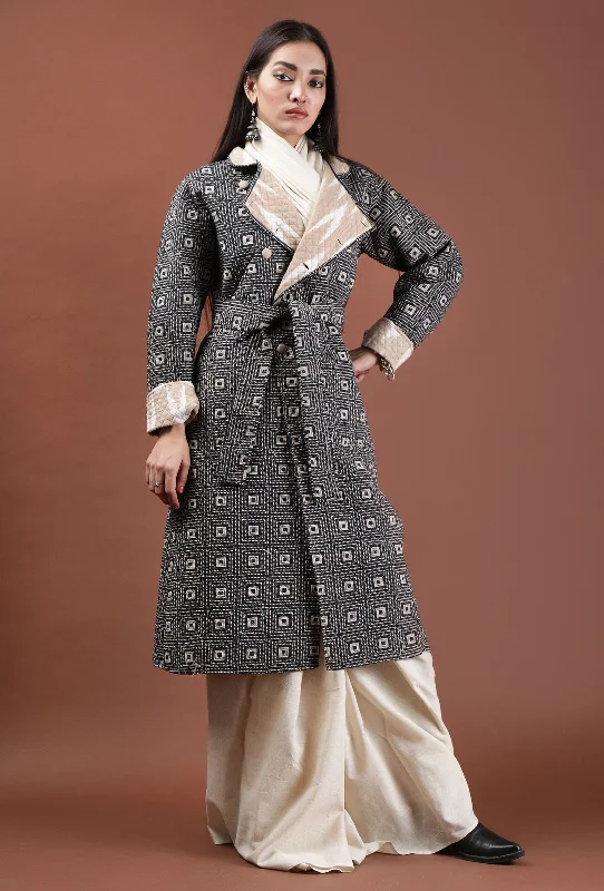 Cedar Ecru Ikat & Black Ajrakh Printed Reversible Quilted Wrap Coat