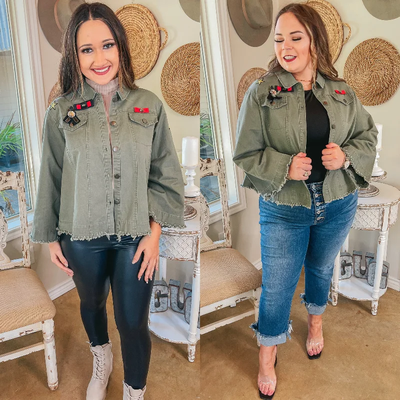 Downtown Denver Flare Sleeve Cropped Jacket with Patches in Olive Green