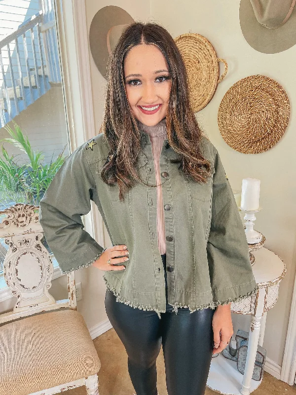 Downtown Denver Flare Sleeve Cropped Jacket with Patches in Olive Green