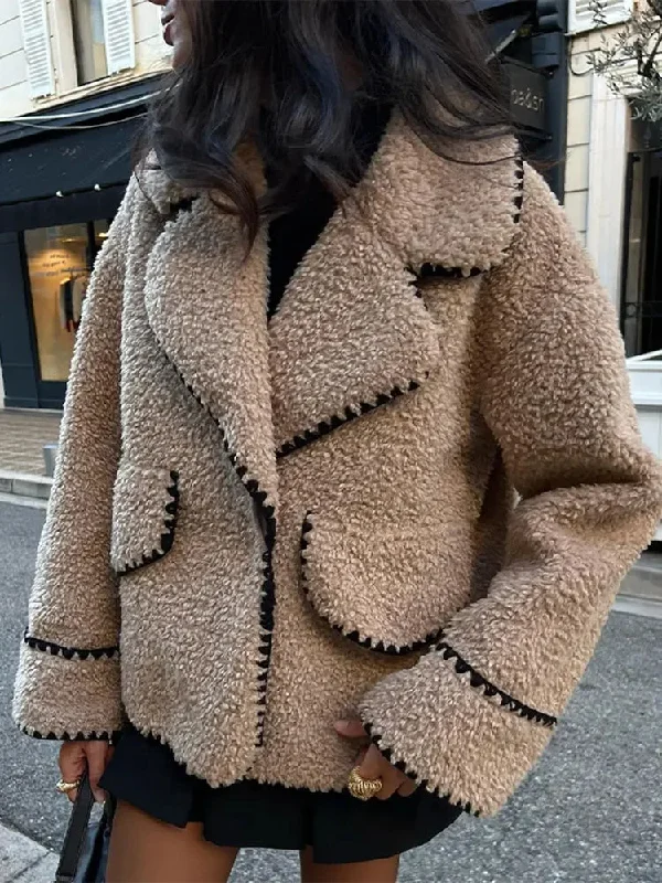 Getadme Elegant Embroidery Lapel Patchwork Jacket Women Fashion Long Sleeve Lambhair Coat Chic Autumn Female Casual Outerwear