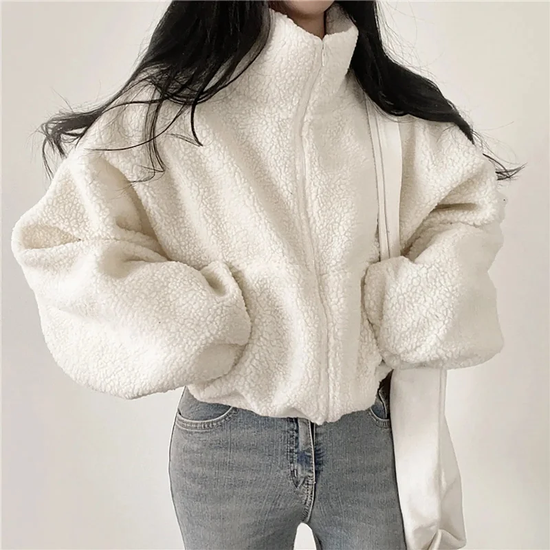 Fleece Hoodie Thickened Warm Women Zippe Sweatshirts No Hood Women'S Stand Collar Short Loose Plush Coats Winter Zipper Jackets