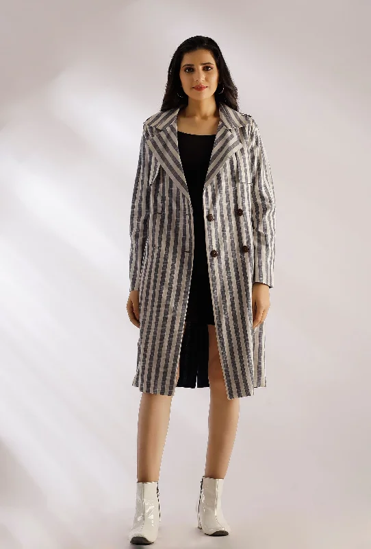 Natalie Black Striped Pure Woven Cotton Trench Coat