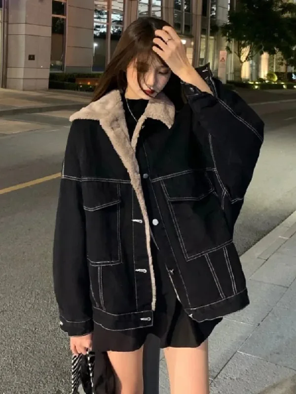 Getadme New Korean Fashion Winter Women Coat Warm Lapel Denim Thick Jacket Casual Work Clothes Cotton Padded Jackets for Women Tops