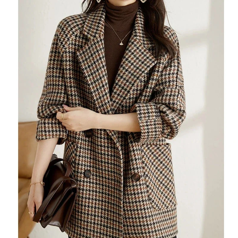 Getadme  2 New Vintage Houndstooth Women Woolen Blazer Double Breasted Plaid Female Suit Jacket Fashion Korean Outerwear Loose Blaser Coat