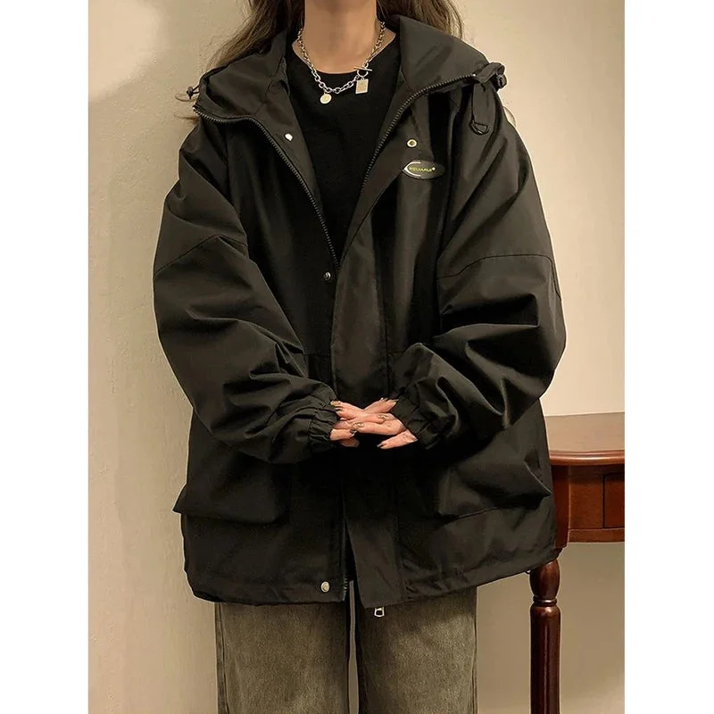 Getadme  2 Oversized Hooded Bomber Jacket Women Vintage Loose Windbreaker Jackets Ladies Autumn Korean Fashion Harajuku Casual Zipper Coat