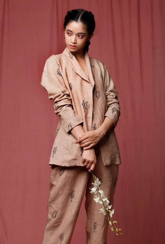 Pastel Brown Handblock Printed Linen Overcoat