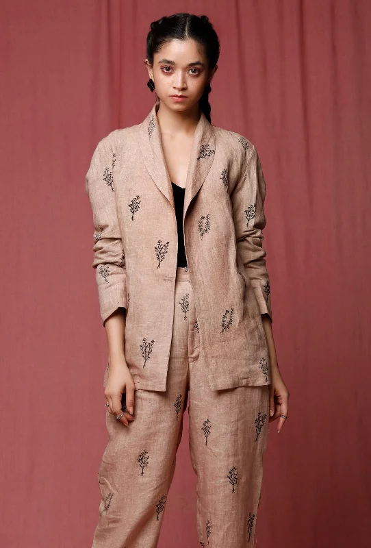 Pastel Brown Handblock Printed Linen Overcoat