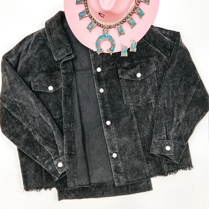 Edgy and Chic Button Up Corduroy Jacket with Raw Hem in Black