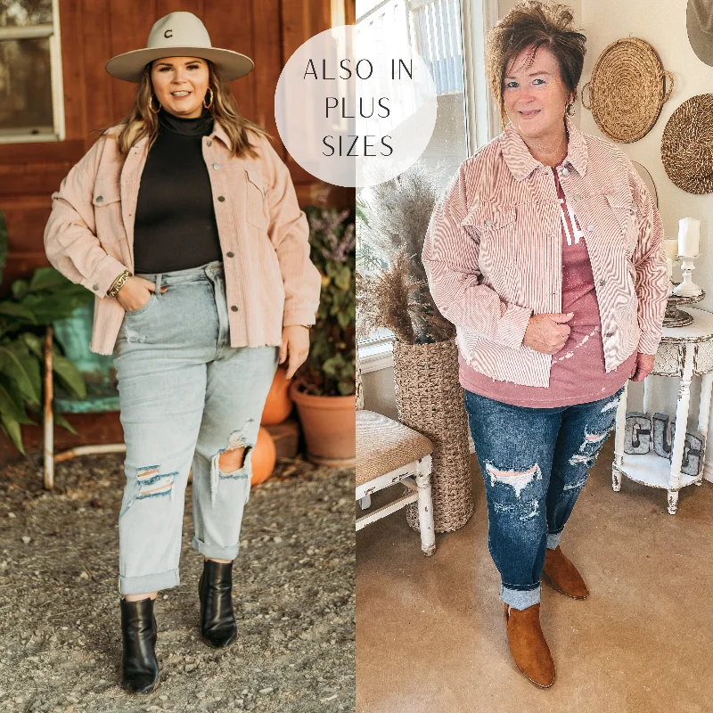 Edgy and Chic Button Up Corduroy Jacket with Raw Hem in Blush Pink