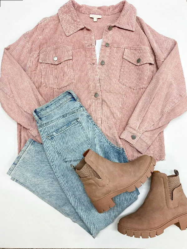 Edgy and Chic Button Up Corduroy Jacket with Raw Hem in Blush Pink