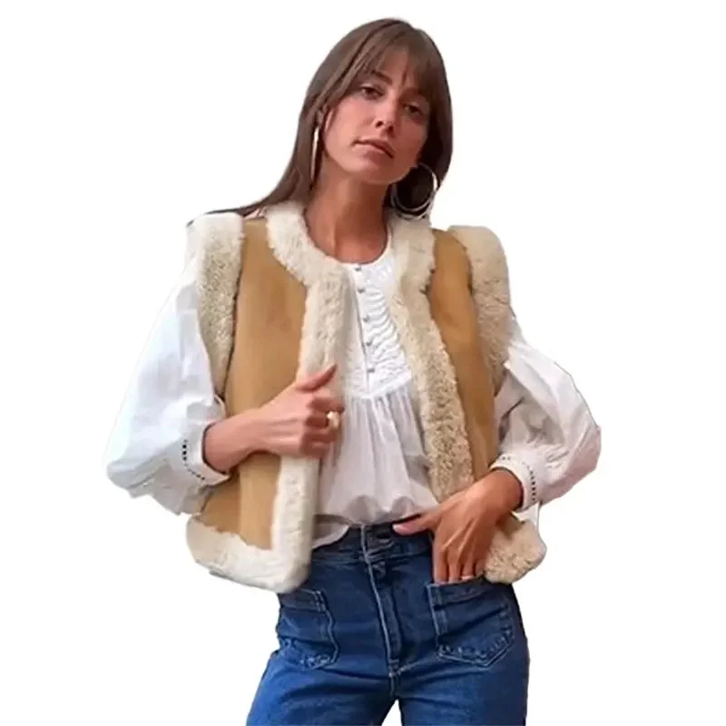 Retro Women's Plush Vest Gilet Sleeve Lamb Wool Blouson Village Waistcoat Jackets 2023 Winter O Neck Chic Cashmere Lady's Coat