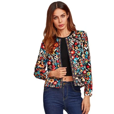 SHEIN Press Button Placket Botanical Jacket Autumn Jacket for Women Multicolor Collarless Single Breasted Elegant Jacket