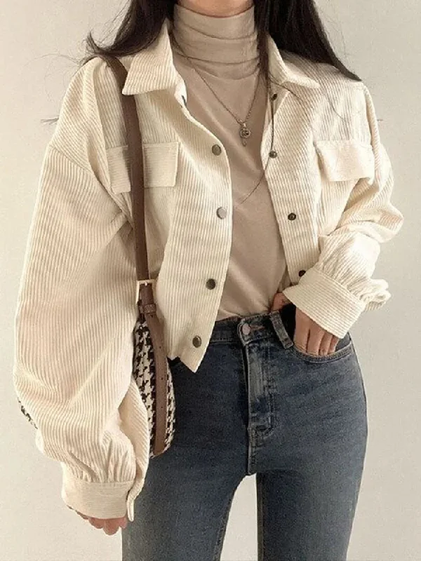 Women Vintage Corduroy Cropped Jacket Korean Fashion Long Sleeve Drawstring Blouses Female Loose Single Breasted Coats Cardigan