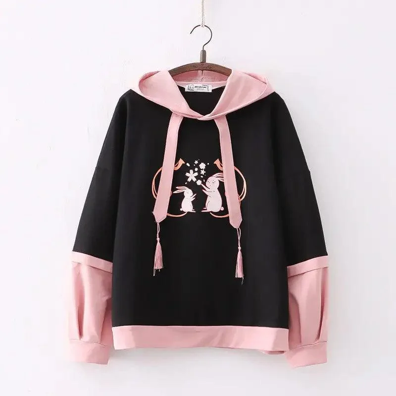 Cartoon Double Rabbit Print Hooded Student Hoodie