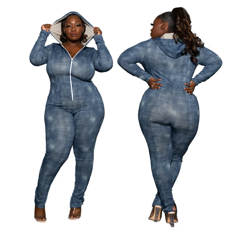 FZ Women's plus size denim  one piece hoodie  jumpsuit