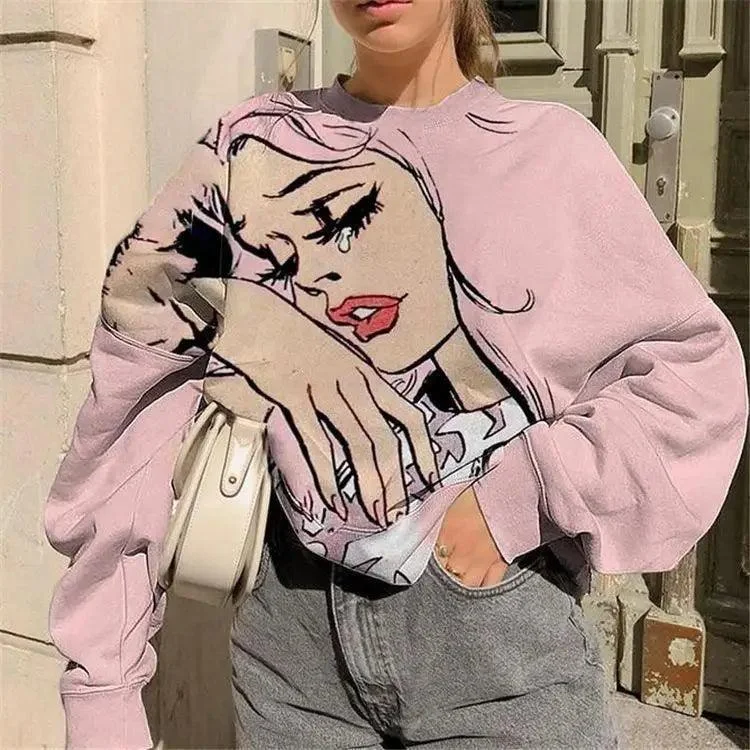 Cartoon Print Long-Sleeved Round Neck Bottoming Sweater