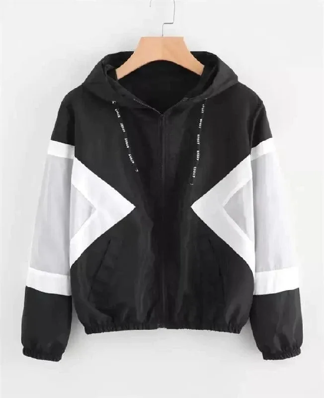 Women's Color Block Elastic Band Waist Hooded Jacket