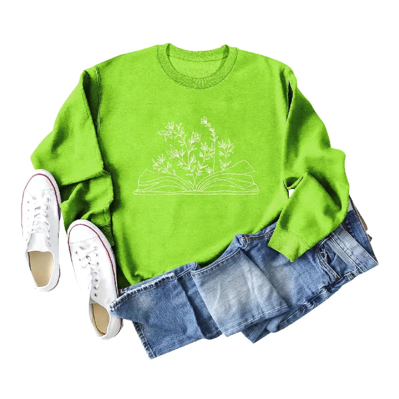 Women's Fashion Casual Book Botanical Pattern Long Sleeve Crew Neck Sweatshirt