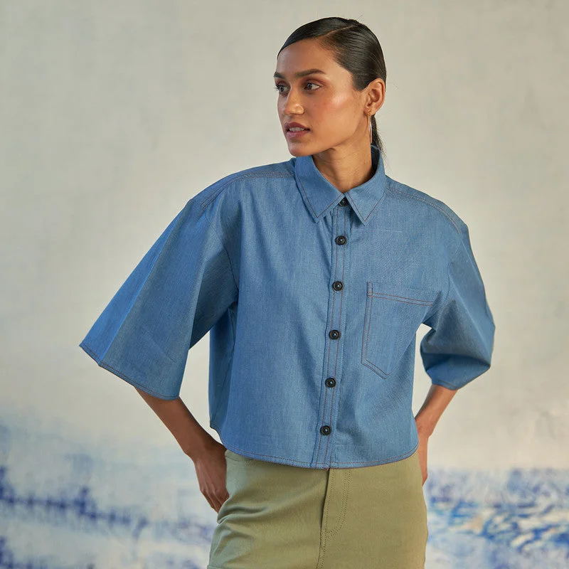 Cotton Blue Crop Shirt For Women | Patch Pockets