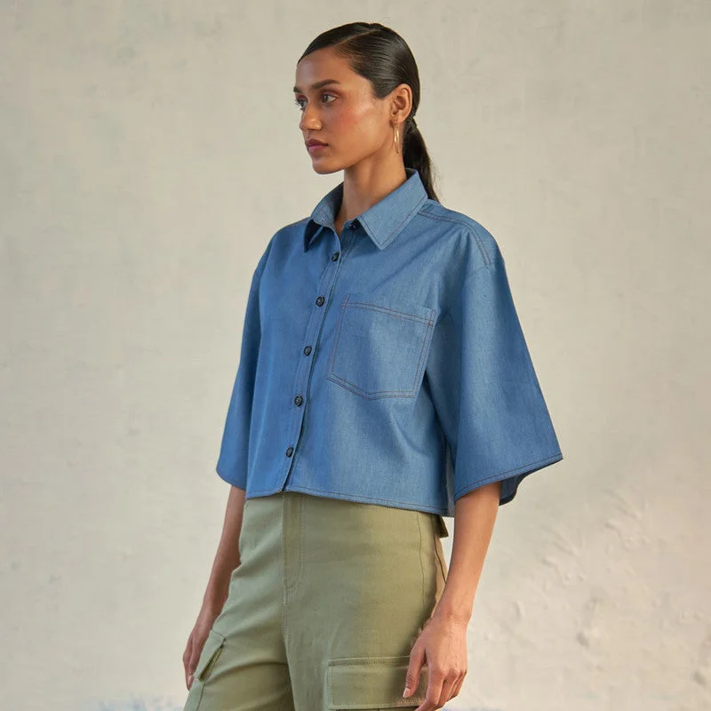 Cotton Blue Crop Shirt For Women | Patch Pockets