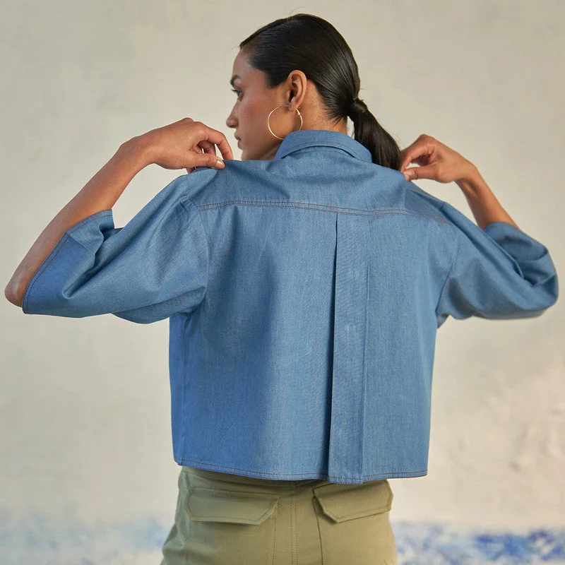 Cotton Blue Crop Shirt For Women | Patch Pockets