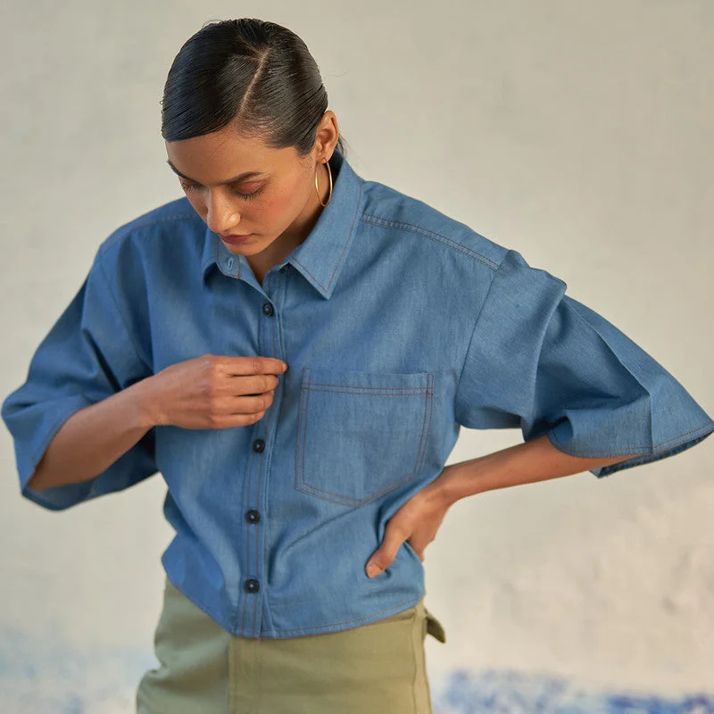 Cotton Blue Crop Shirt For Women | Patch Pockets