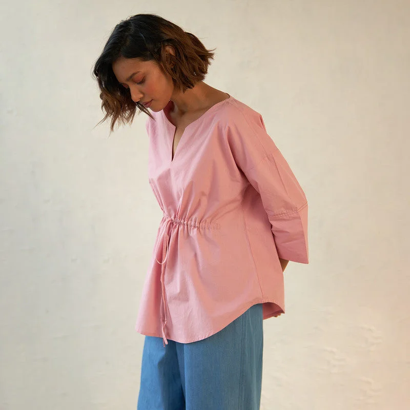 Cotton Poplin Pink Top for Women | Gathered Top