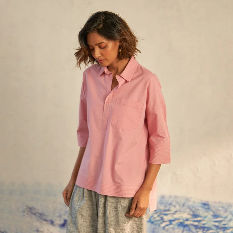 Cotton Poplin Top for Women | Light Pink | High-Low Hem