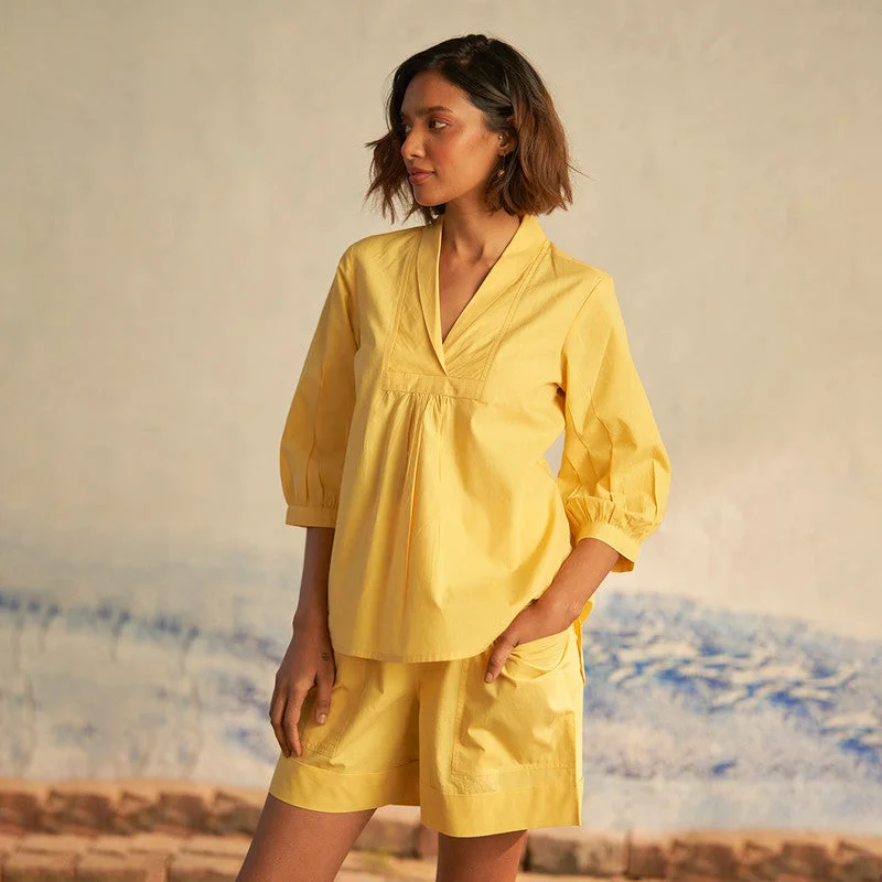 Cotton Poplin Yellow Top for Women | A-Line | U-Cut Hemline