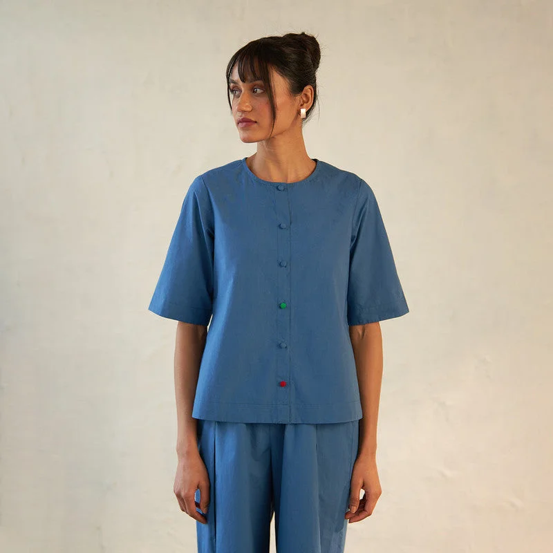 Poplin Cotton Blue Top for Women | High-Low Hem