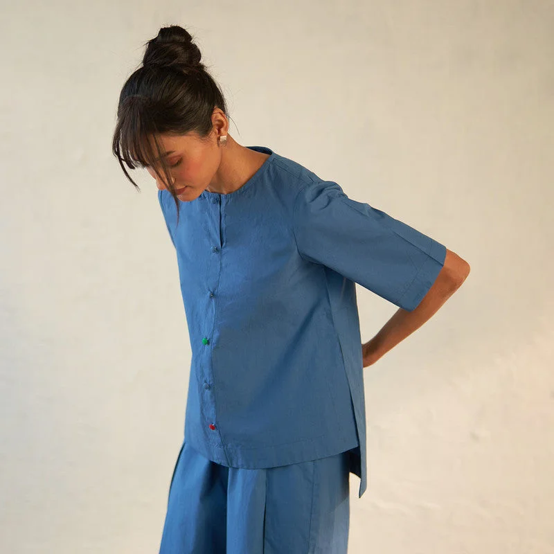 Poplin Cotton Blue Top for Women | High-Low Hem