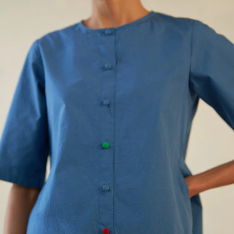 Poplin Cotton Blue Top for Women | High-Low Hem