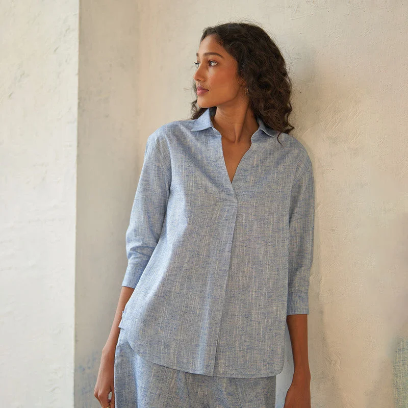 Textured Cotton Top for Women | Deep Blue | Front Box Pleated