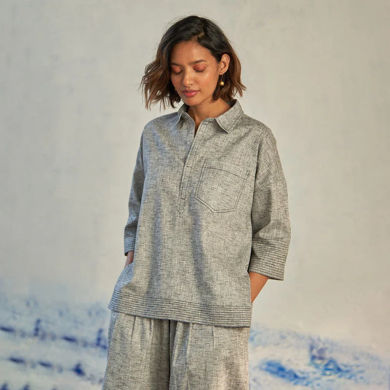 Textured Cotton Top for Women | Grey | High-Low Hem