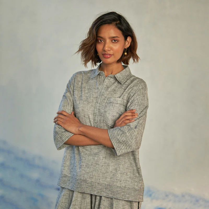 Textured Cotton Top for Women | Grey | High-Low Hem