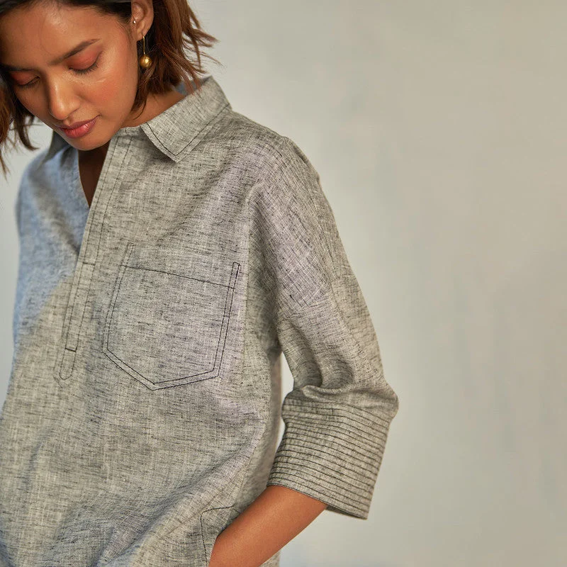 Textured Cotton Top for Women | Grey | High-Low Hem