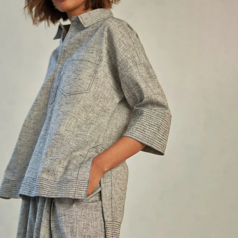 Textured Cotton Top for Women | Grey | High-Low Hem