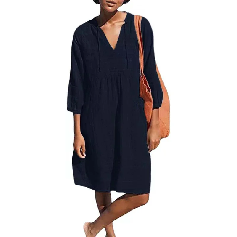 Commute Cotton Linen Jacquard Loose Pockets Dresses