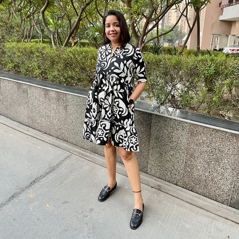 Cotton Printed Skater Dress| Black